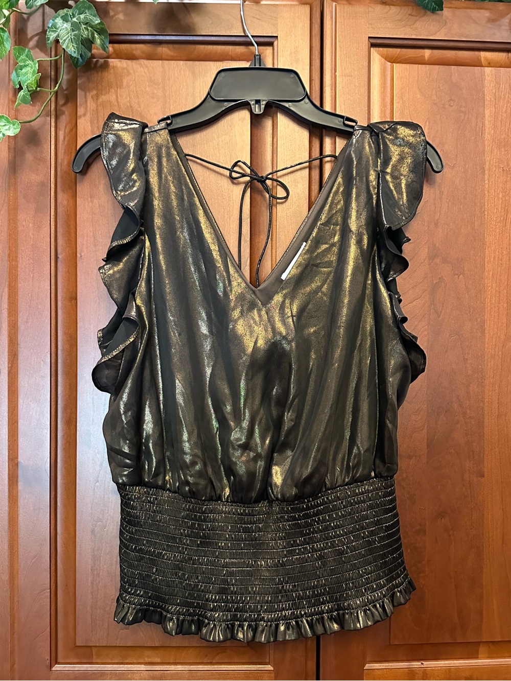 Nine West Metallic Black V-Neck Ruffle Sleeve Smocked Waist Top